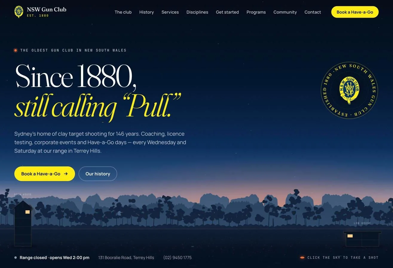 The new homepage: a heritage headline, Since 1880, still calling Pull, with live range status and a Book a Have-a-Go button over a dusk treeline.