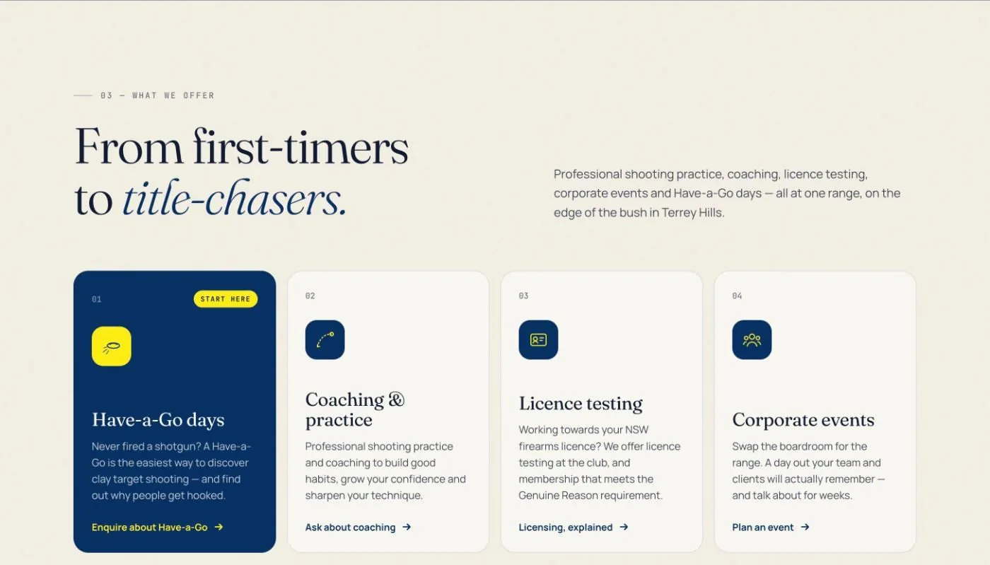 The new services section: From first-timers to title-chasers, with four service cards.
