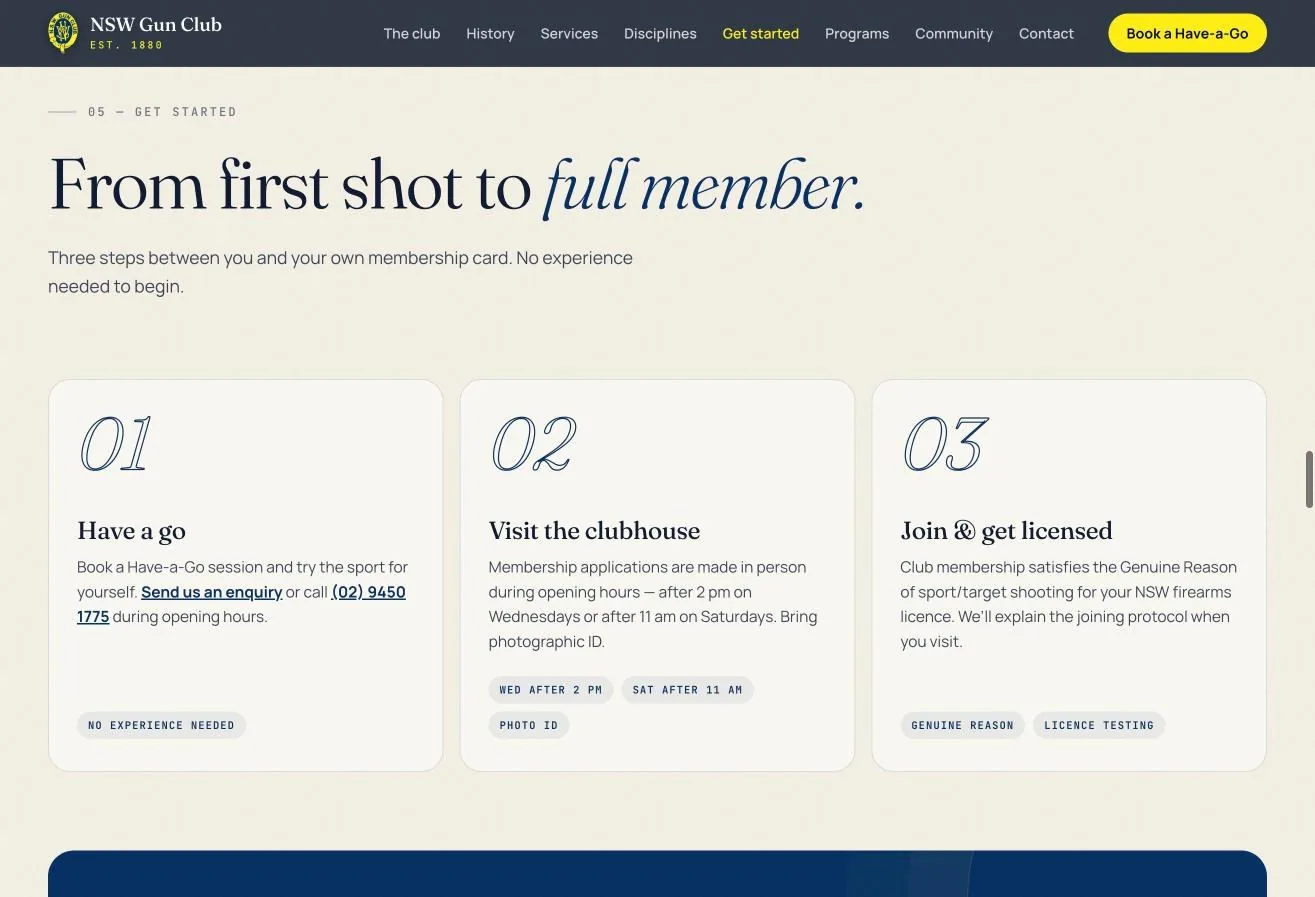 The new Get started section: From first shot to full member, in three steps.